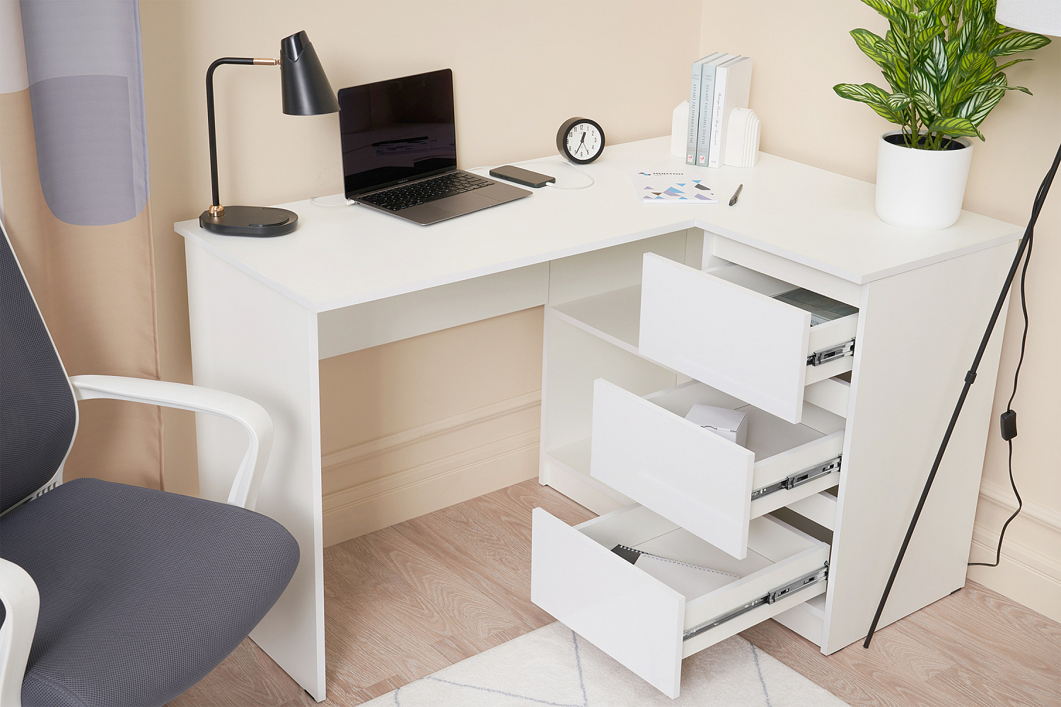 Стол письменный Челси угловой белый / белый глянец