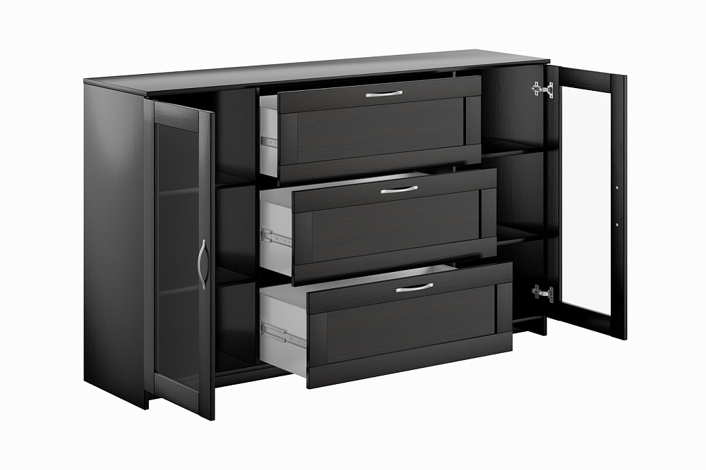 Комод с дверцами Сириус со стеклом и 3 ящиками дуб венге