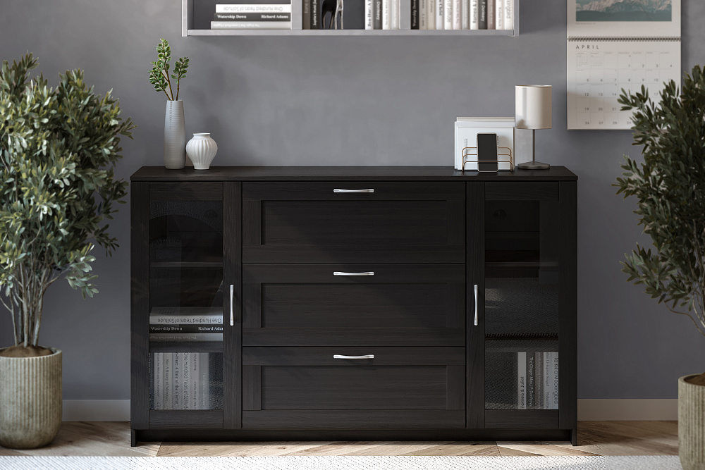 Комод с дверцами Сириус со стеклом и 3 ящиками дуб венге