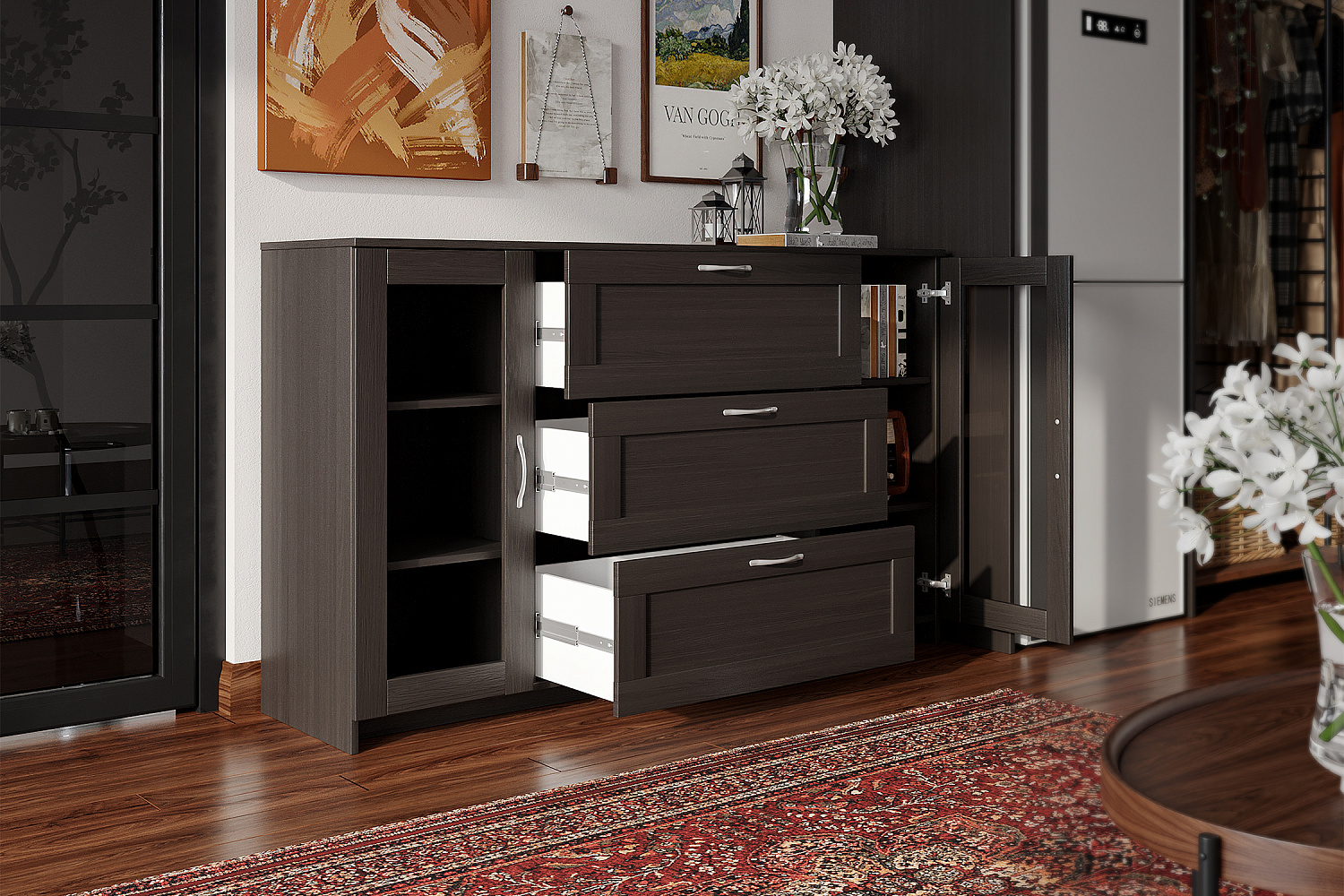 Комод с дверцами Сириус со стеклом и 3 ящиками дуб венге