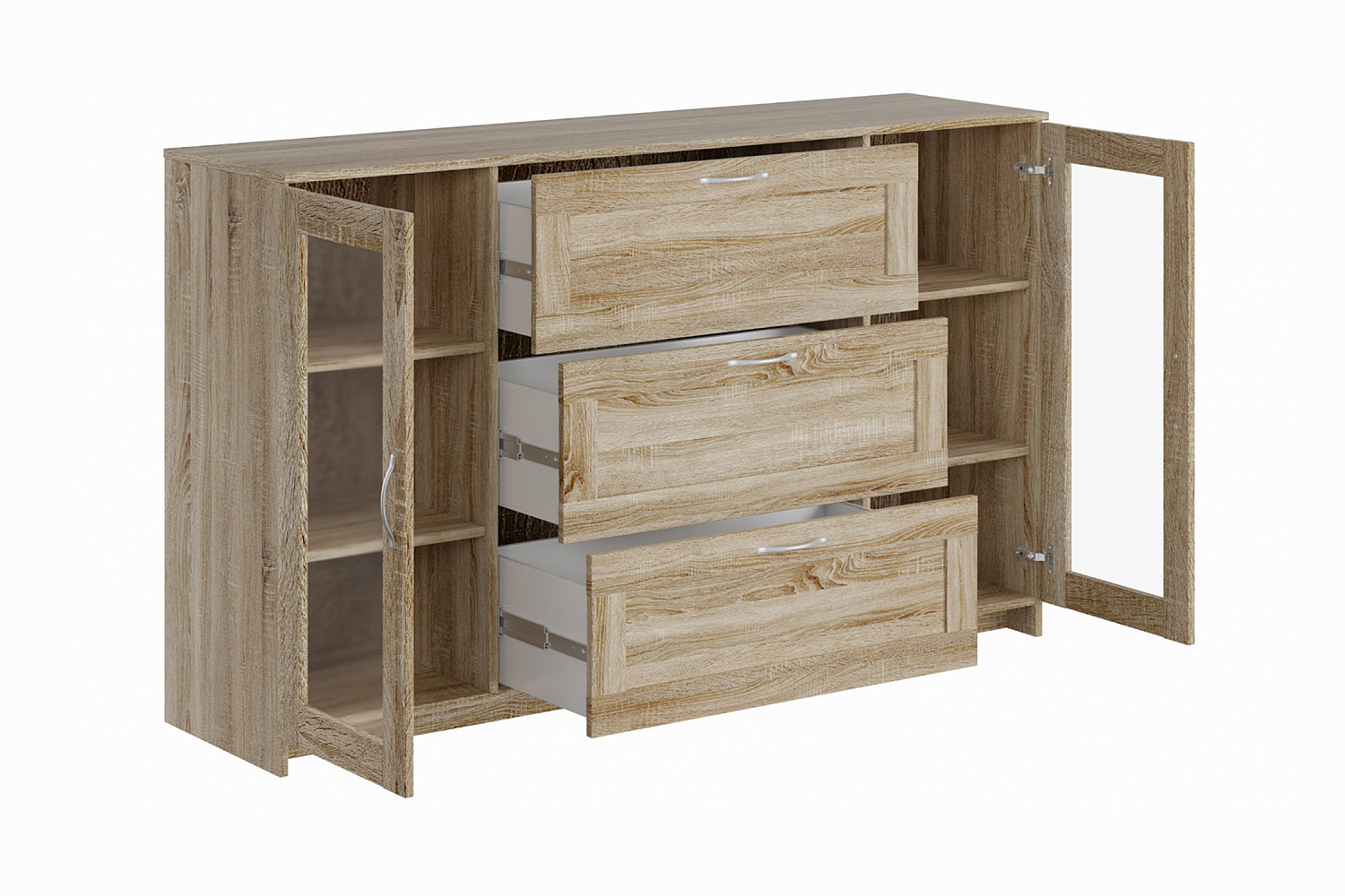 Комод с дверцами Сириус со стеклом и 3 ящиками сонома