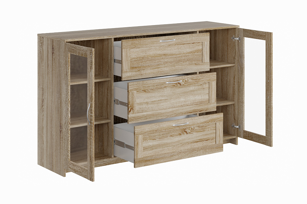 Комод с дверцами Сириус со стеклом и 3 ящиками сонома