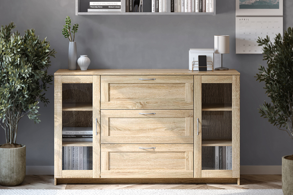 Комод с дверцами Сириус со стеклом и 3 ящиками сонома