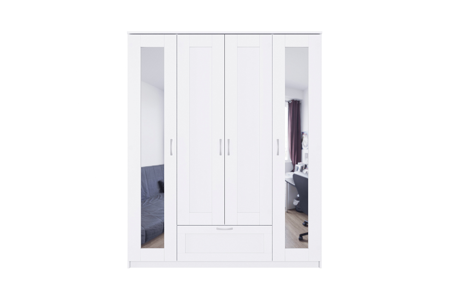 Шкаф четырехстворчатый Сириус белый с одним ящиком и двумя зеркалами