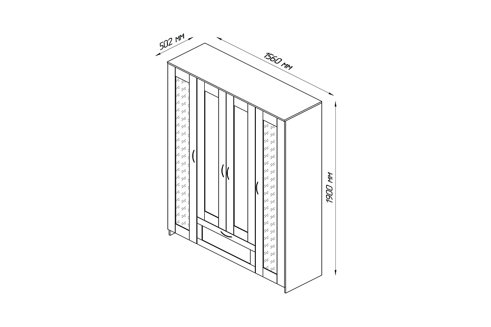 Шкаф четырехстворчатый Сириус белый с одним ящиком и двумя зеркалами
