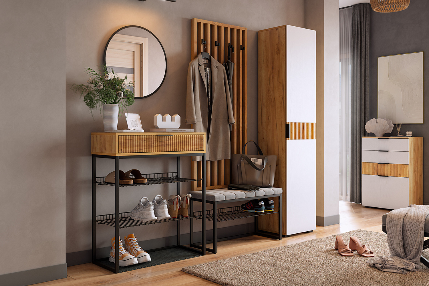 Обувница Вельвет черный муар / акация светлая