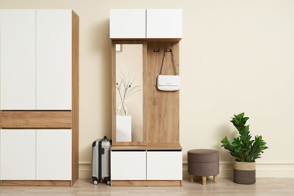 Вешалка с зеркалом Веллум дуб крафт золотой / белый