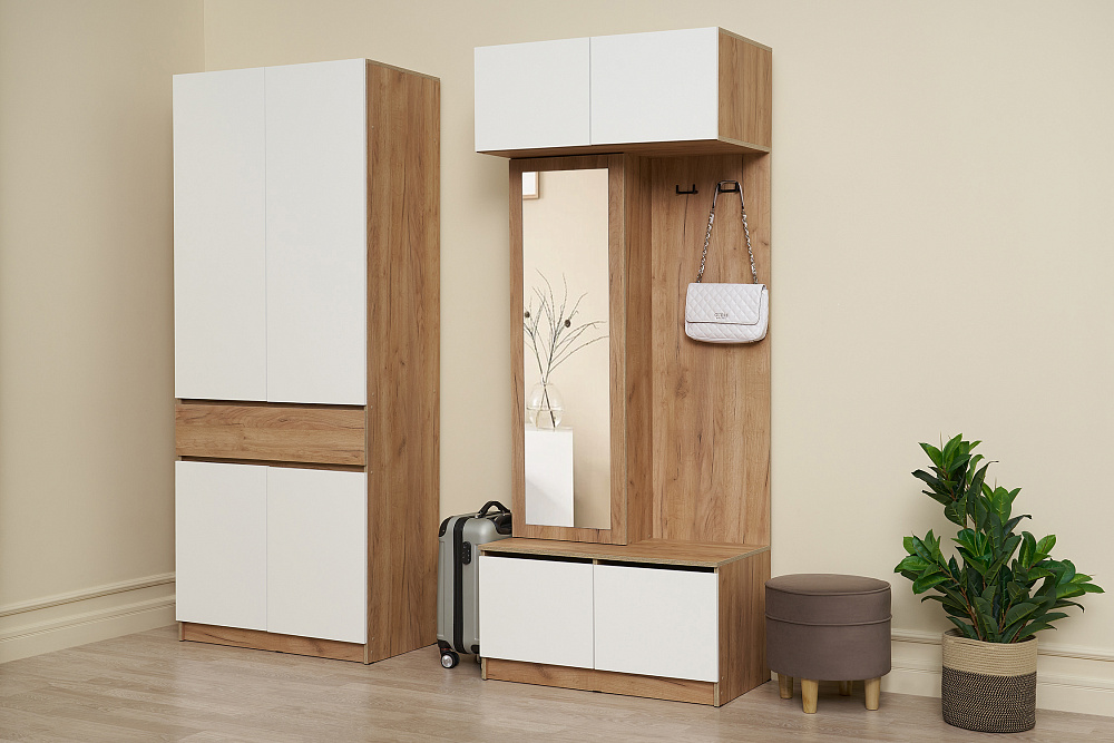 Вешалка с зеркалом Веллум дуб крафт золотой / белый