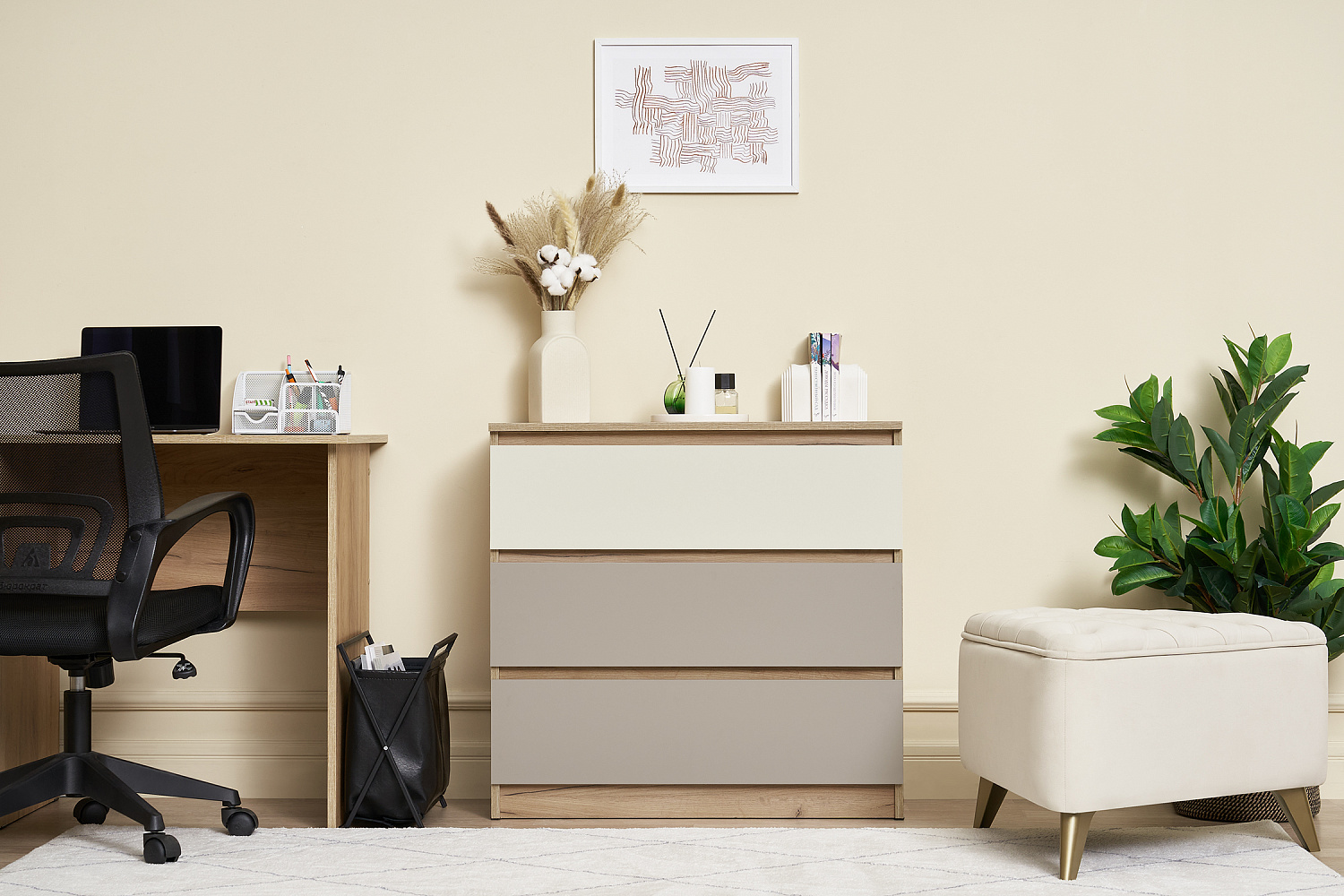 Комод с 3 ящиками Челси Color 800 дуб крафт / слоновая кость / глиняный серый