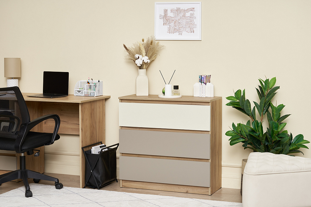 Комод с 3 ящиками Челси Color 800 дуб крафт / слоновая кость / глиняный серый