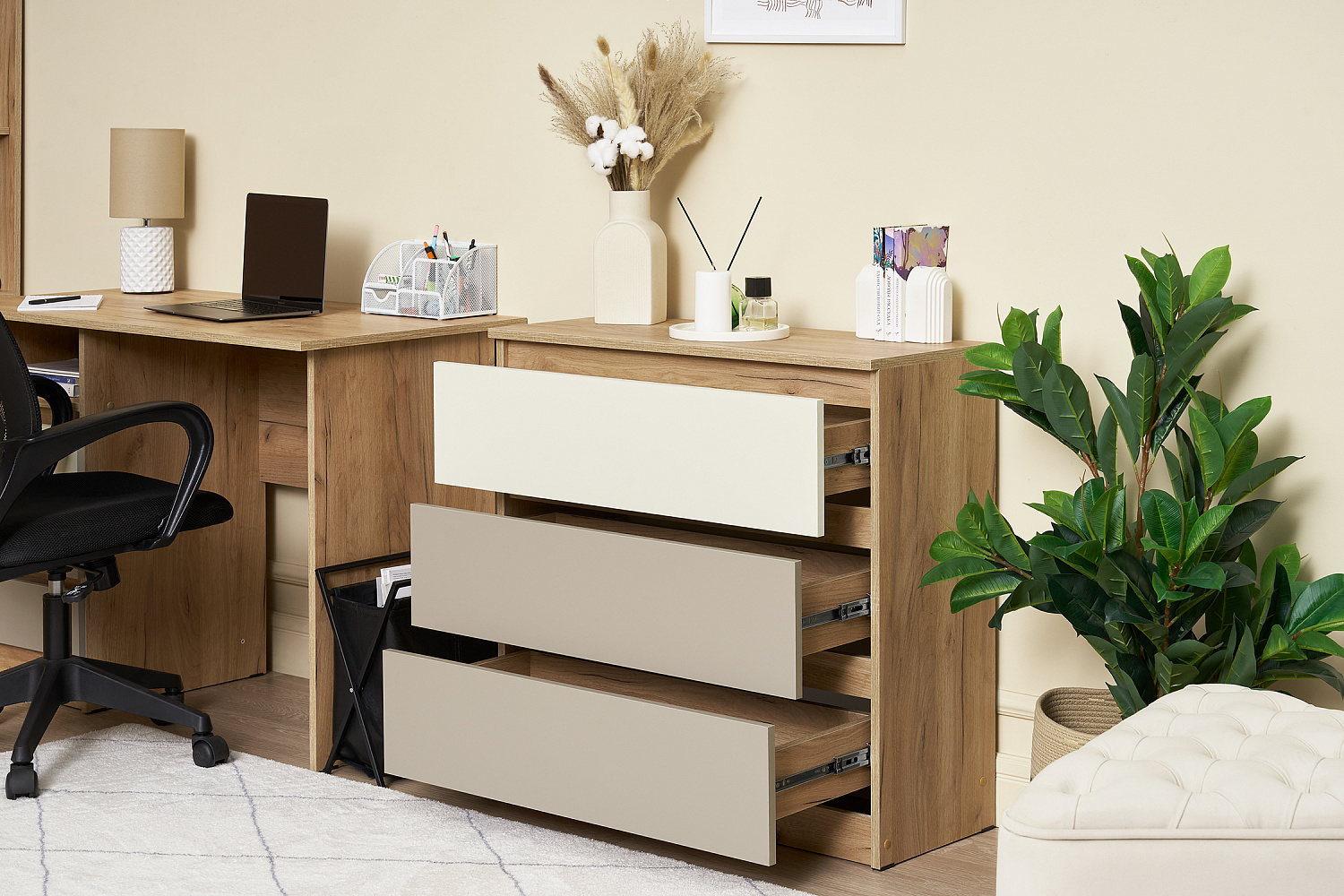 Комод с 3 ящиками Челси Color 800 дуб крафт / слоновая кость / глиняный серый