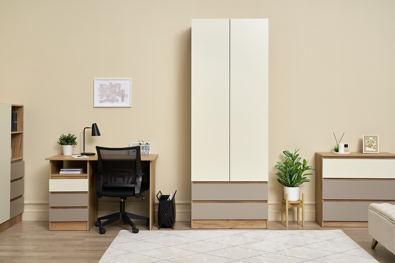 Шкаф 2-х дверный Челси Color дуб крафт / слоновая кость / глиняный серый