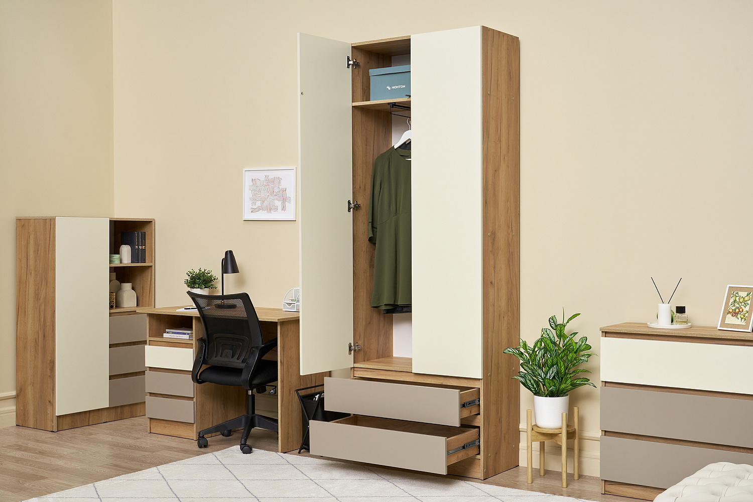 Шкаф 2-х дверный Челси Color дуб крафт / слоновая кость / глиняный серый