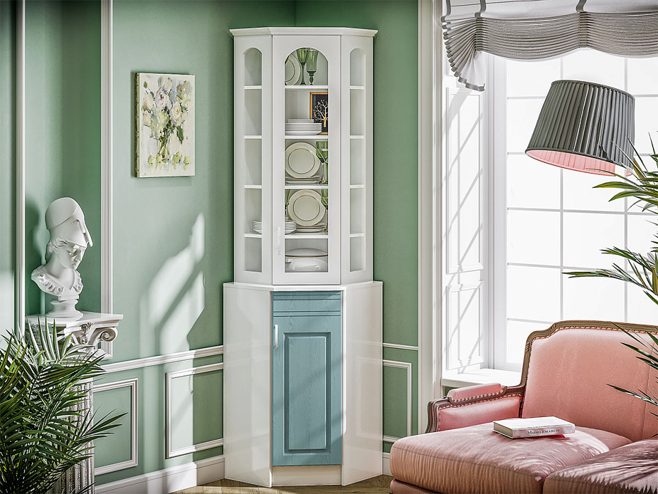 Буфет Констанция угловой белый матовый / голубой