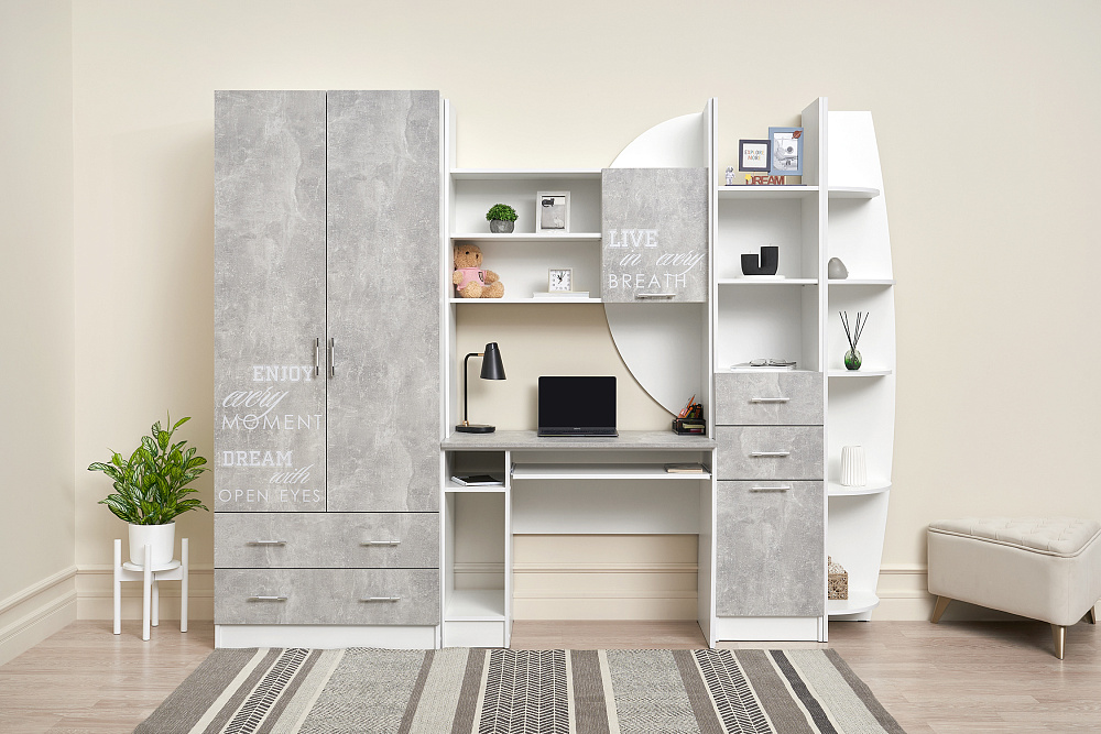 Стенка Юниор-2 Лофт бетон светлый / белый