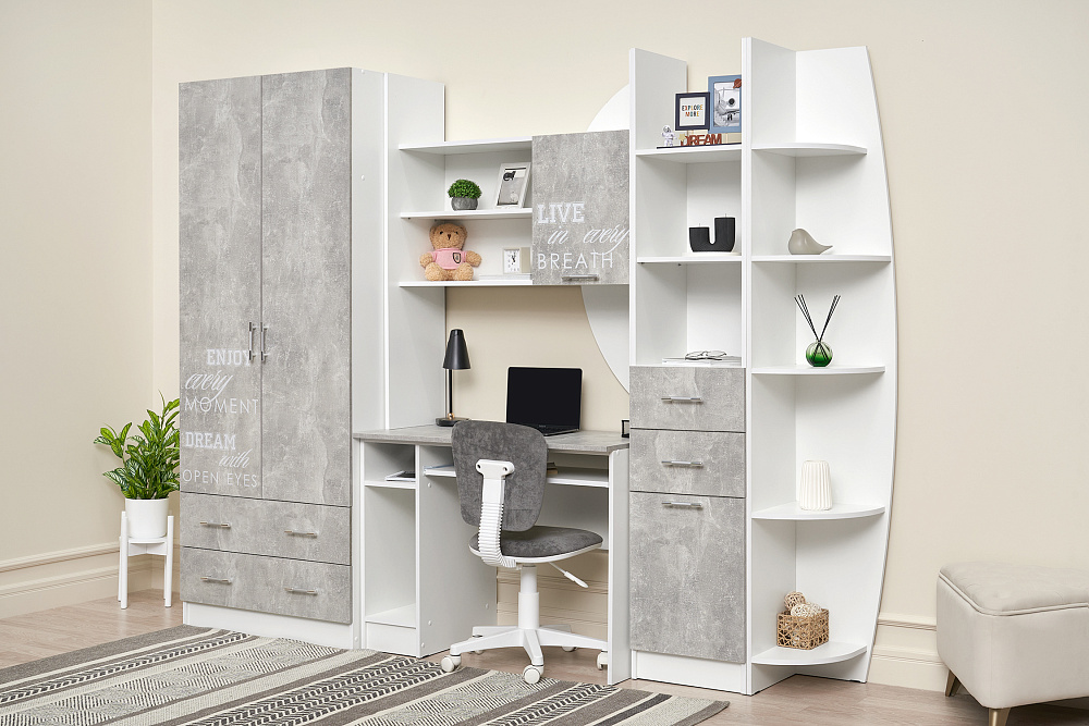 Стенка Юниор-2 Лофт бетон светлый / белый