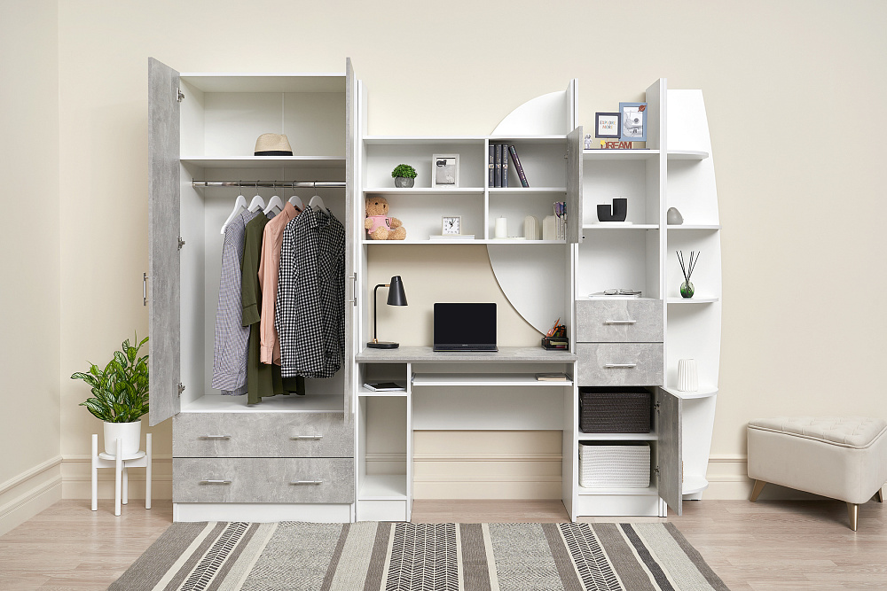 Стенка Юниор-2 Лофт бетон светлый / белый