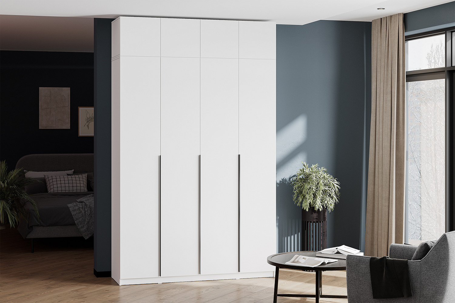 Шкаф 4-х створчатый Тивина с антресолью белый текстурный