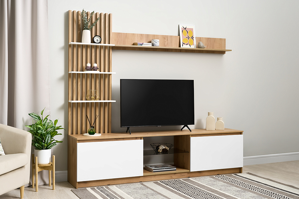 Стенка Бостон дуб крафт золотой / белый глянец