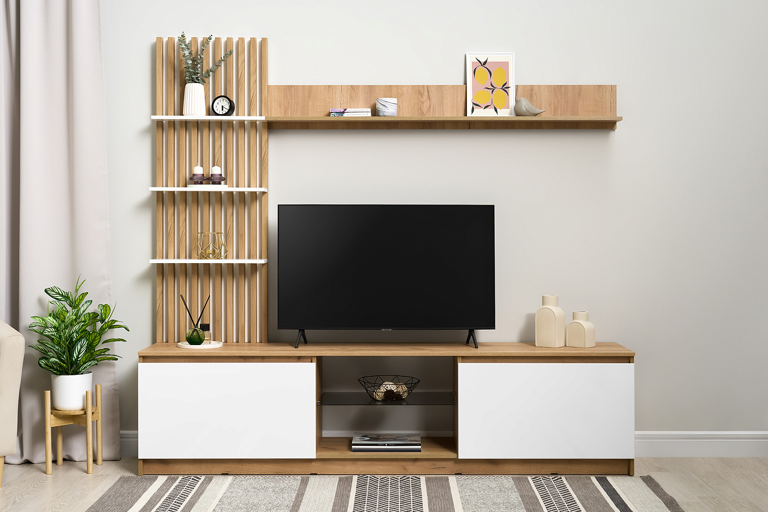 Стенка Бостон дуб крафт золотой / белый глянец