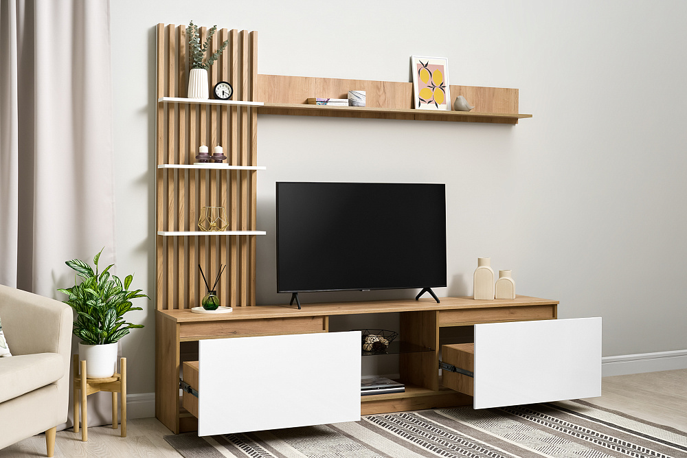 Стенка Бостон дуб крафт золотой / белый глянец