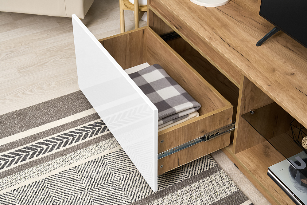 Стенка Бостон дуб крафт золотой / белый глянец