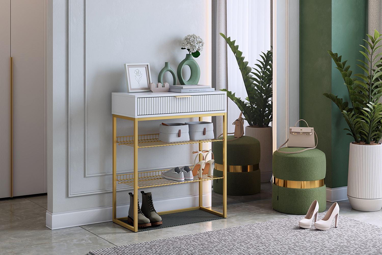 Обувница Вельвет золото / белый матовый