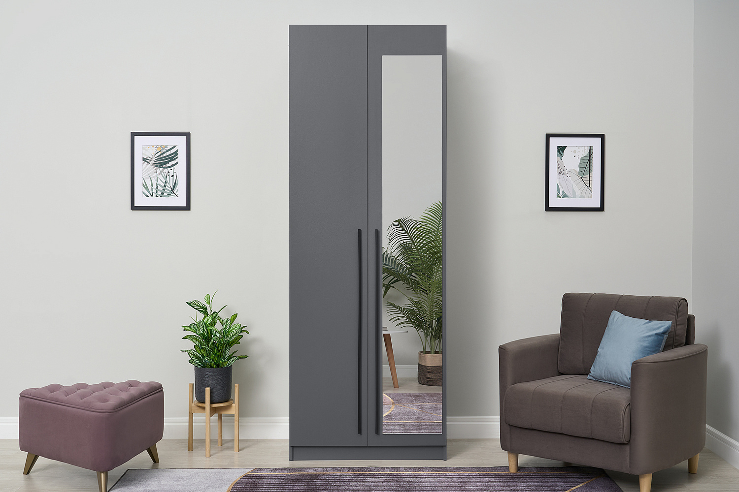 Шкаф 2-х створчатый Берген с зеркалом серый графит