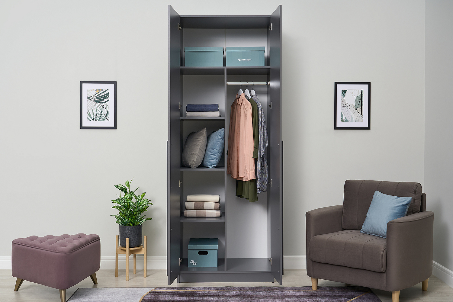 Шкаф 2-х створчатый Берген с зеркалом серый графит