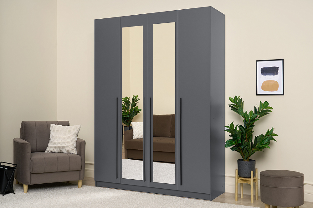 Шкаф 4-х створчатый Берген 1.6 м с зеркалами серый графит