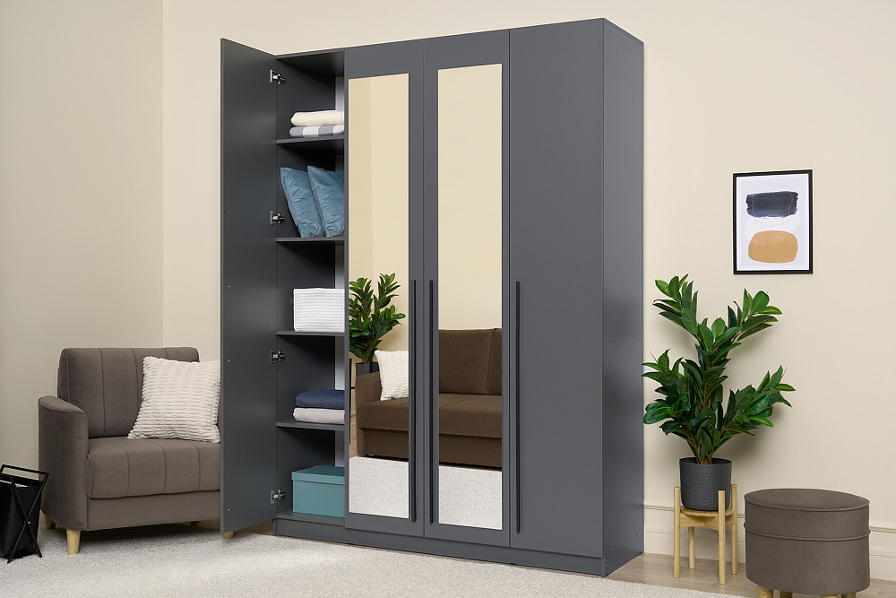 Шкаф 4-х створчатый Берген 1.6 м с зеркалами серый графит