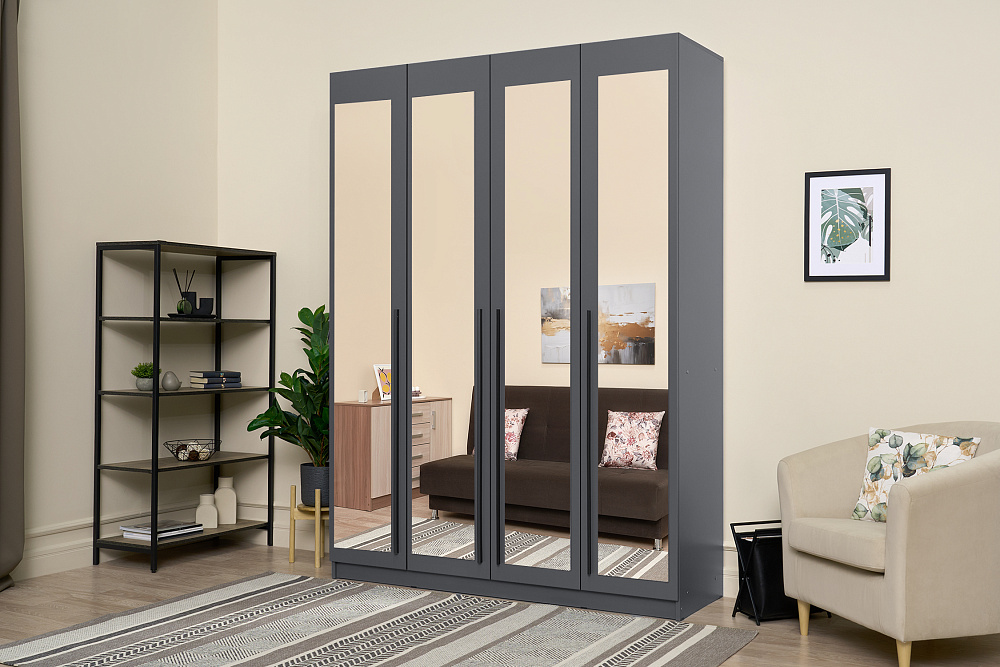 Шкаф 4-х створчатый Берген 1.6 м с зеркалам серый графит 