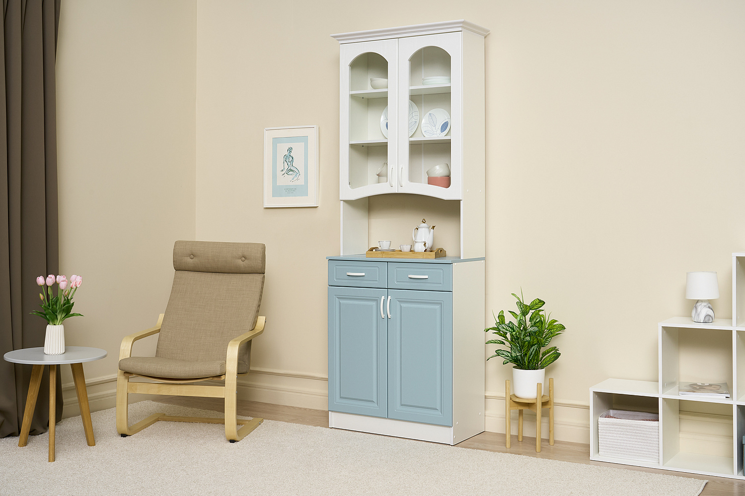 Буфет Констанция 2-х створчатый белый матовый / голубой