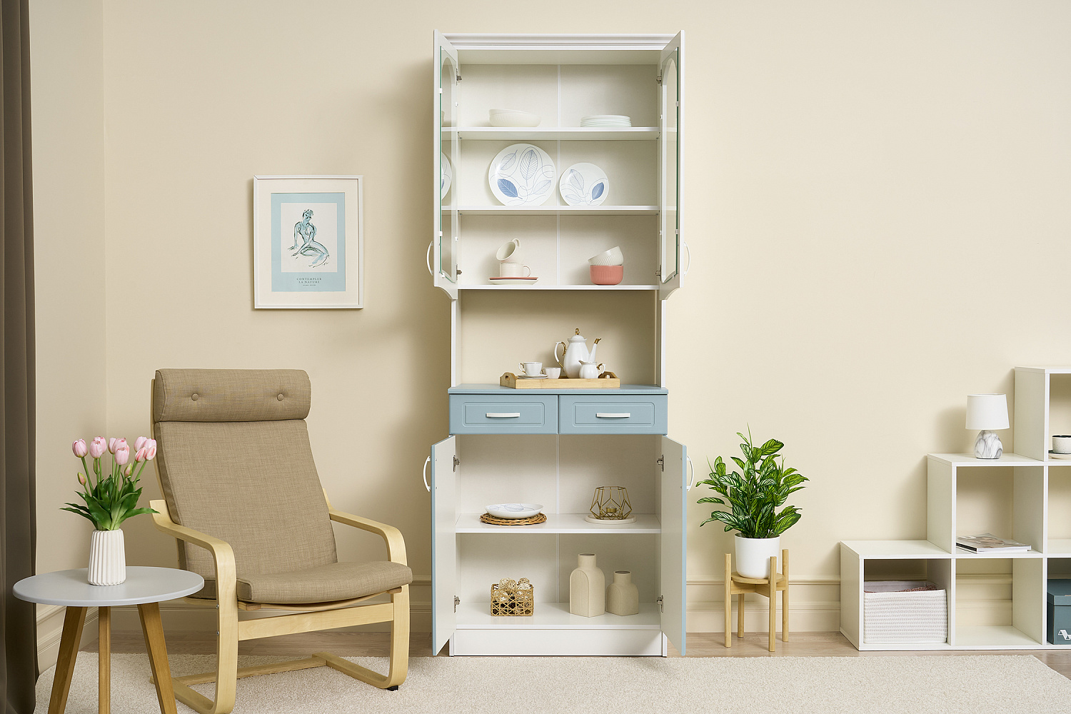 Буфет Констанция 2-х створчатый белый матовый / голубой