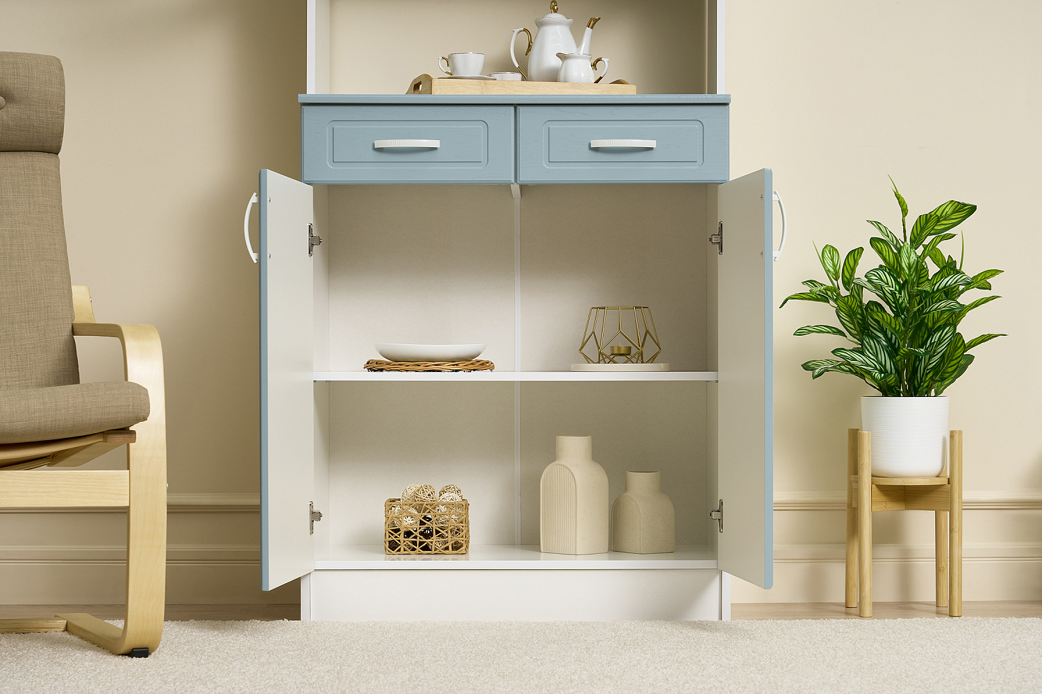 Буфет Констанция 2-х створчатый белый матовый / голубой