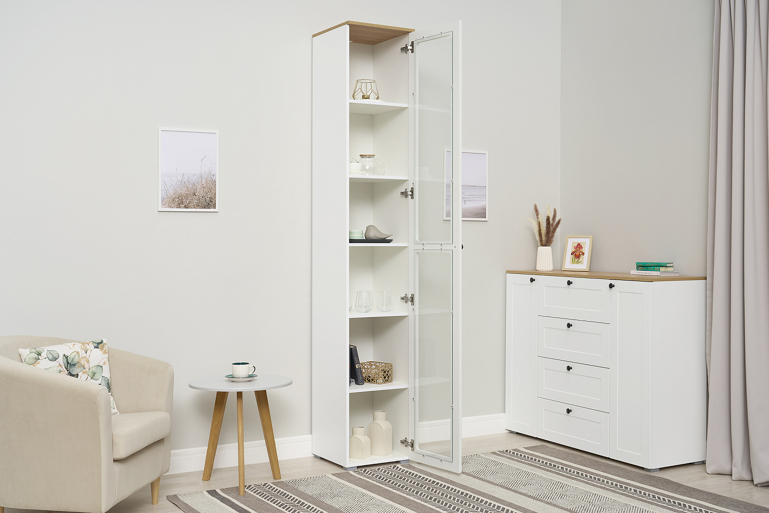 Шкаф-витрина Остин 16.394.03 белый шагрень / дуб золотой