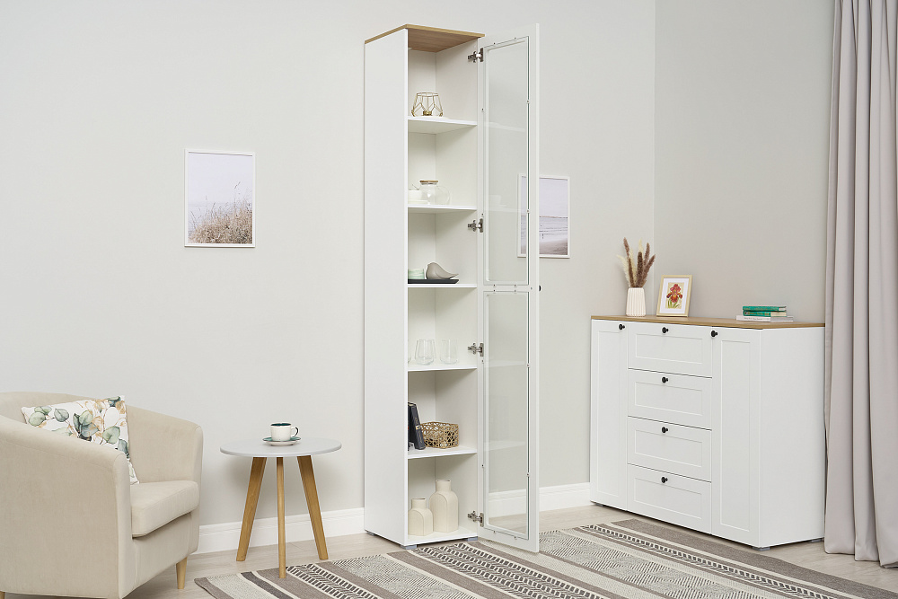 Шкаф-витрина Остин 16.394.03 белый шагрень / дуб золотой