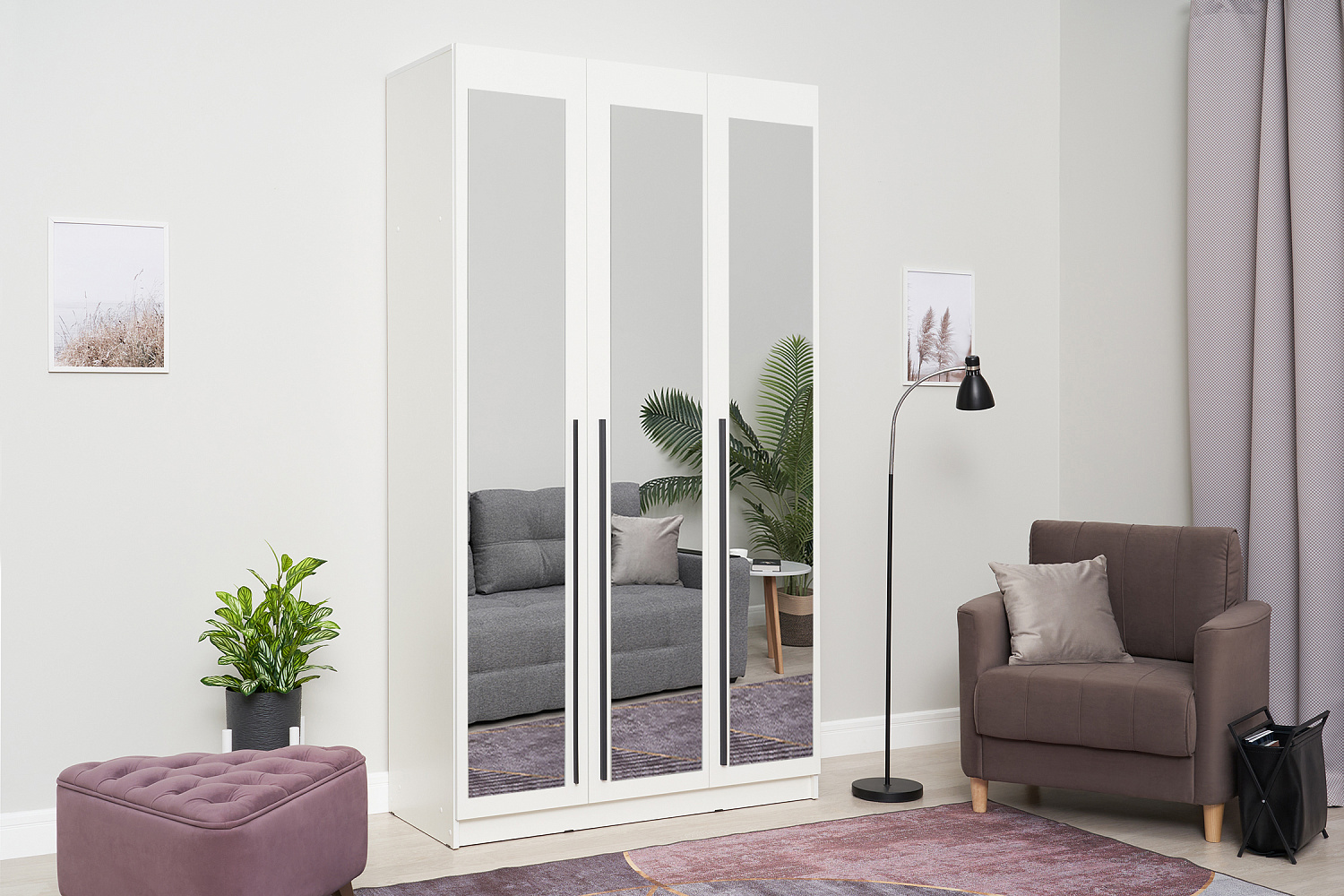 Шкаф 3-х створчатый Берген с зеркалами белое дерево