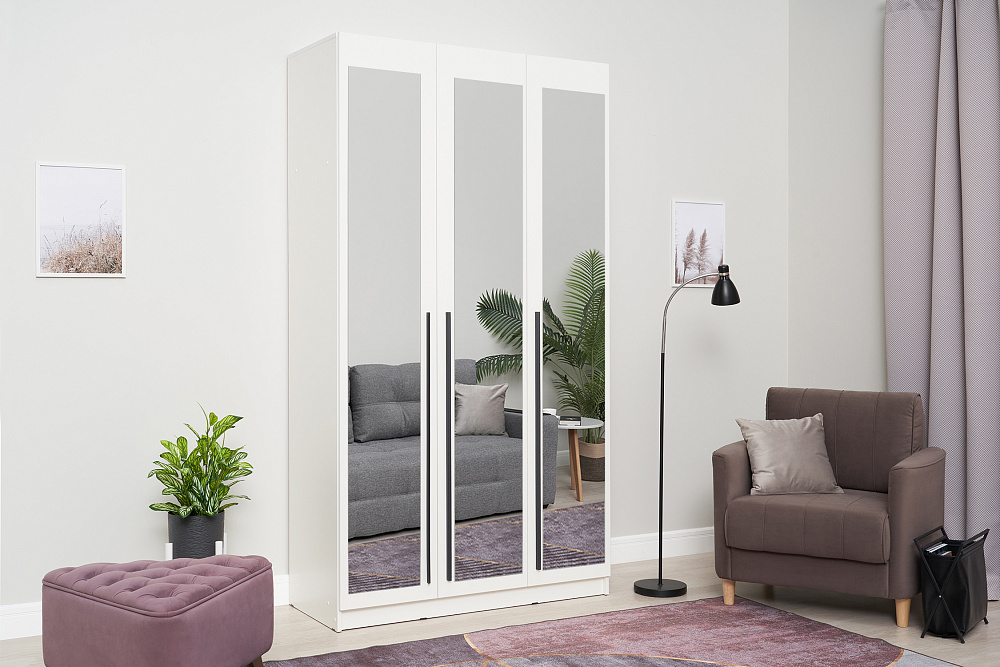 Шкаф 3-х створчатый Берген с зеркалами белое дерево