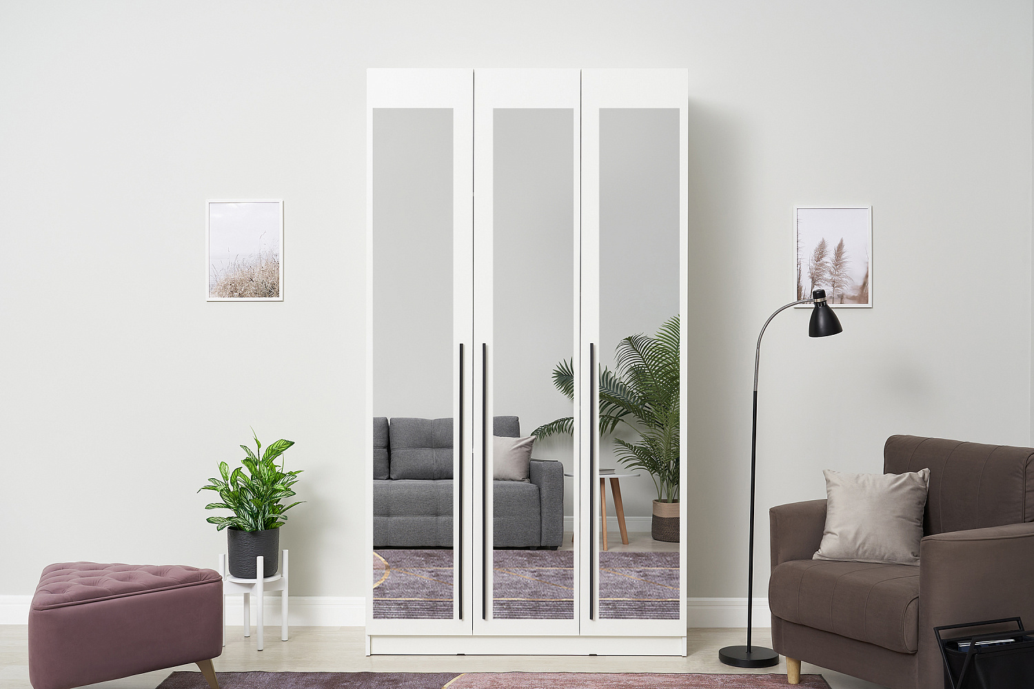 Шкаф 3-х створчатый Берген с зеркалами белое дерево