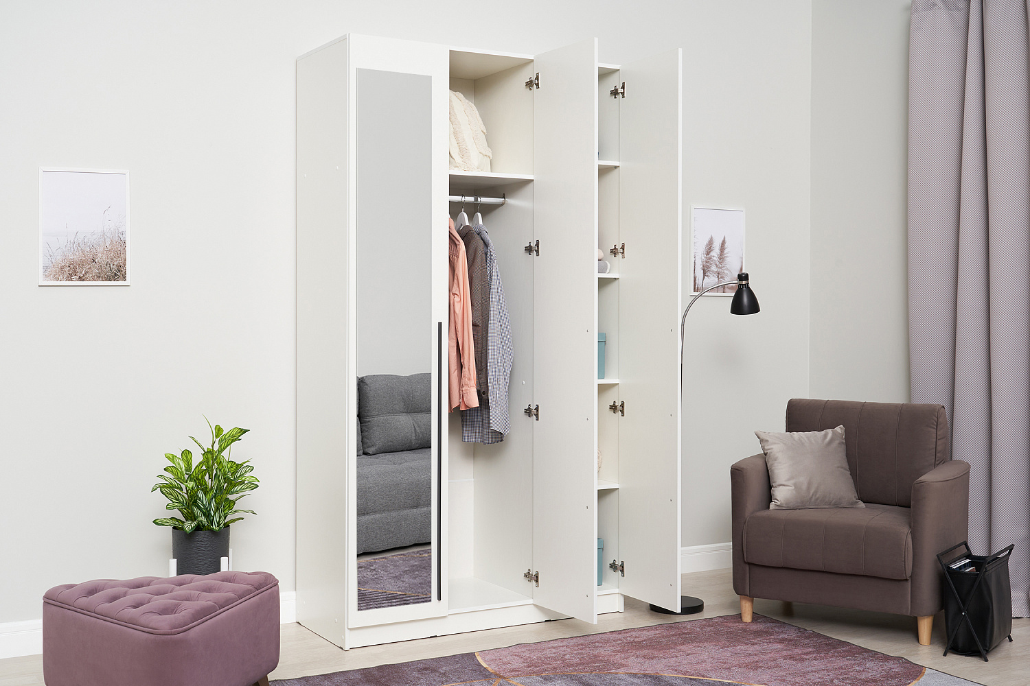 Шкаф 3-х створчатый Берген с зеркалами белое дерево