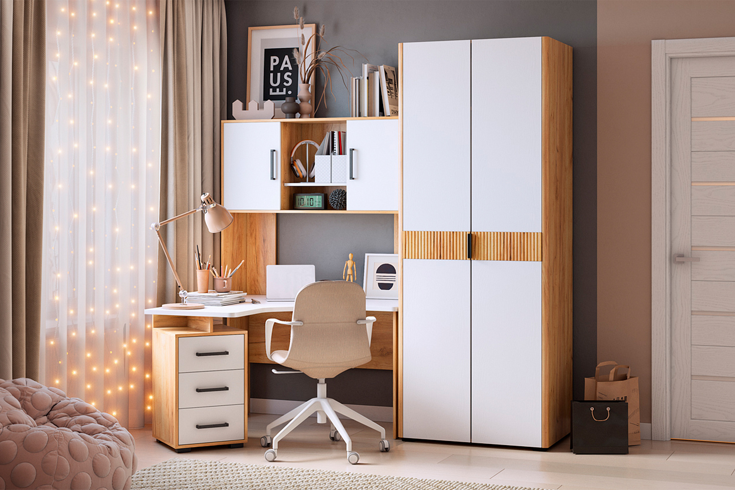 Надстройка для стола компьютерного Лайт-2 дуб крафт золотой / белый