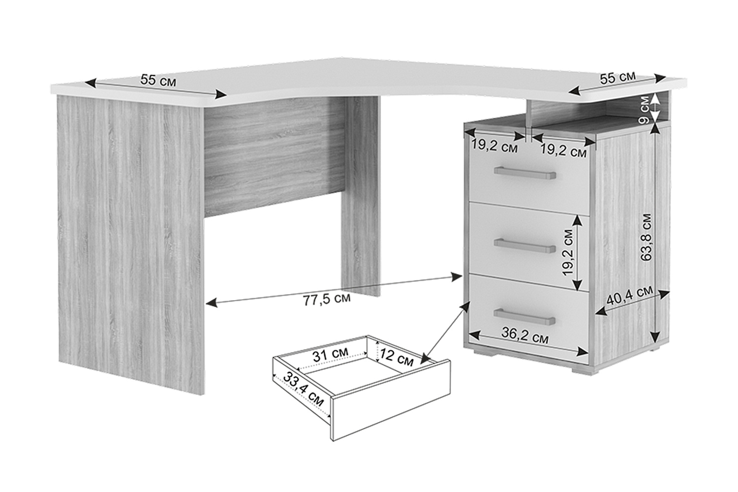 Стол компьютерный угловой Лайт-2 дуб крафт золотой / белый