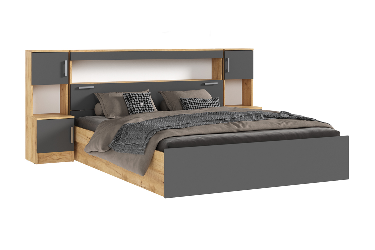 Кровать Бассо 1.6 м с надстройкой и тумбами дуб крафт / графит