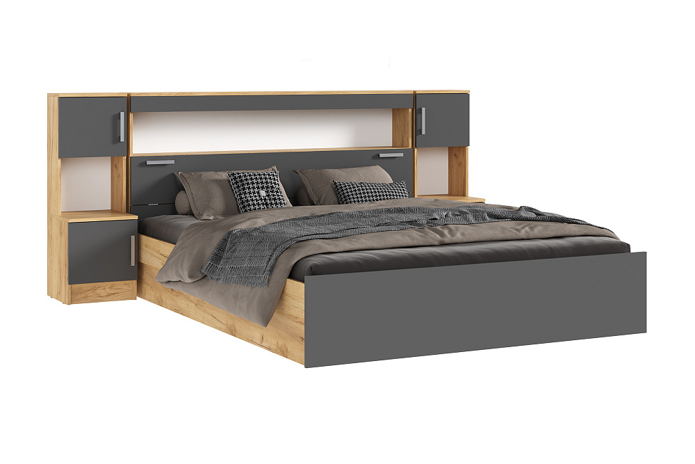 Кровать Бассо 1.6 м с надстройкой и тумбами дуб крафт / графит