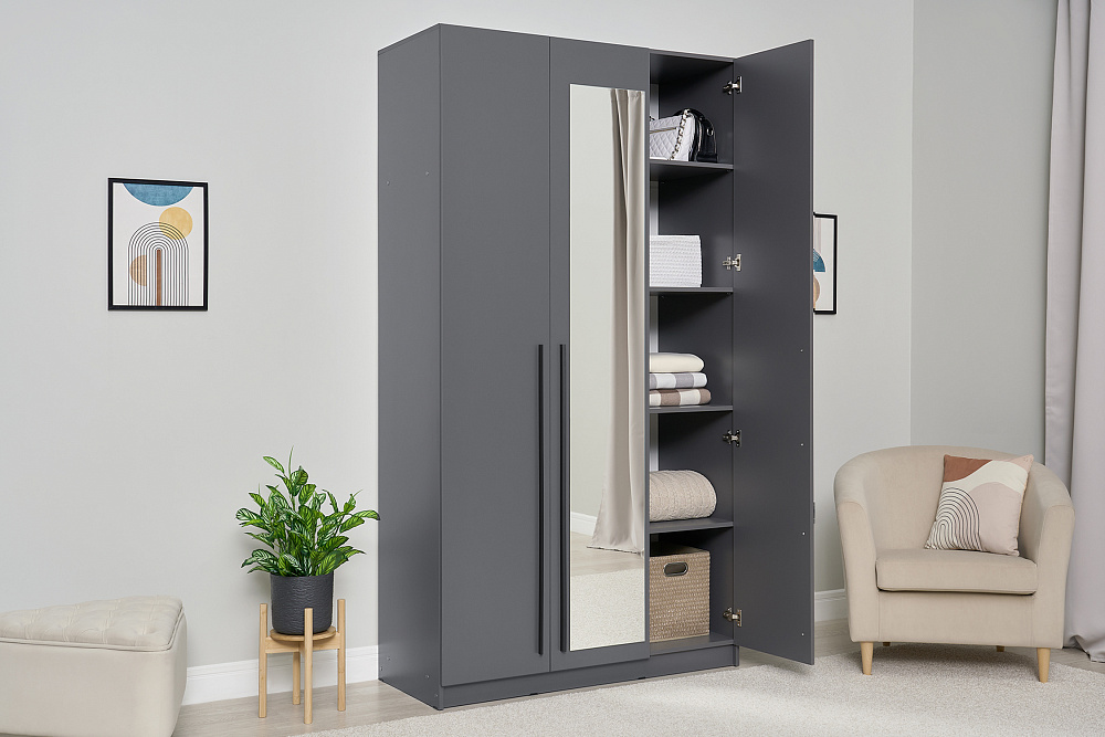 Шкаф 3-х створчатый Берген с зеркалом серый графит