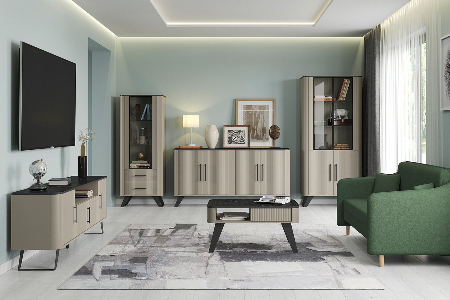 Шкаф-витрина с 2-мя ящиками Фиделия серый камень / мрамор черный