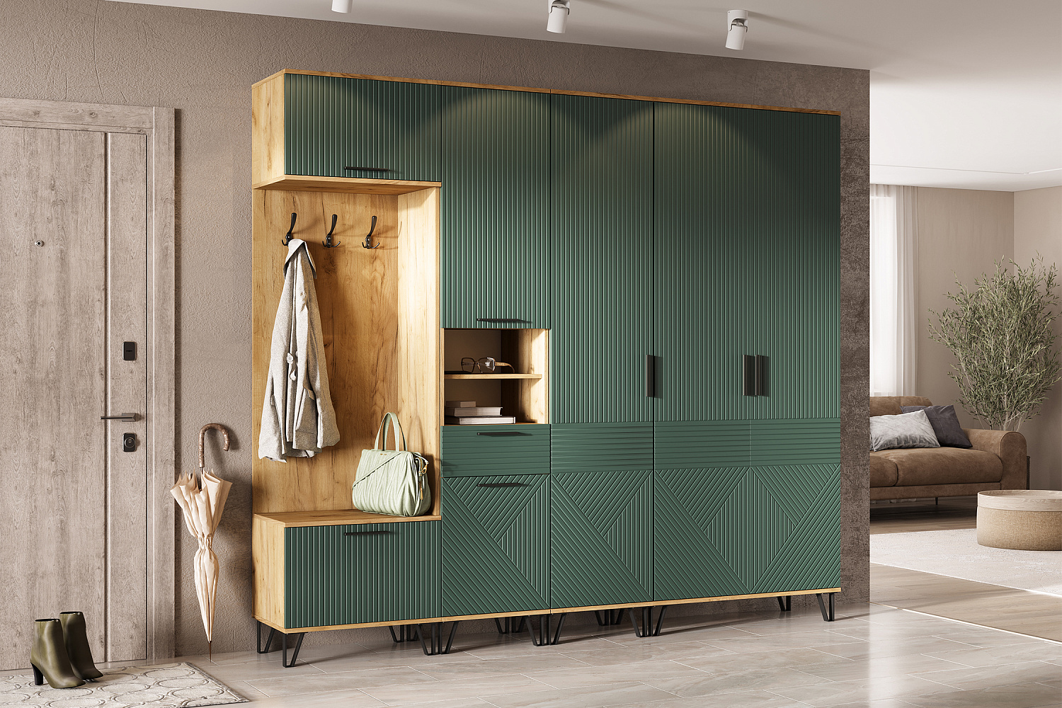 Модульная прихожая Флэш дуб крафт / браш мени грин