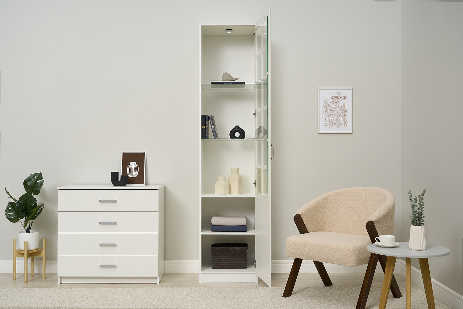 Шкаф-витрина Ливерпуль белый / ясень ваниль