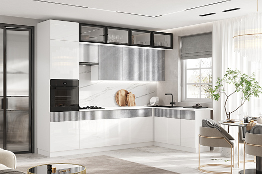 Кухня угловая Оливия 3.0 х 1.8 м белый глянец холодный / мрамор глянец